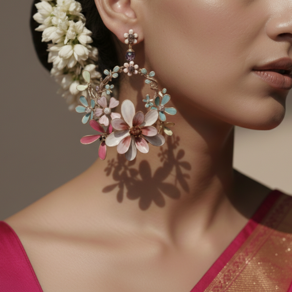 Salvara multicolor floral pearl hoop earrings dazzle with intricate pastel flower petals in pink, blue, green, and yellow