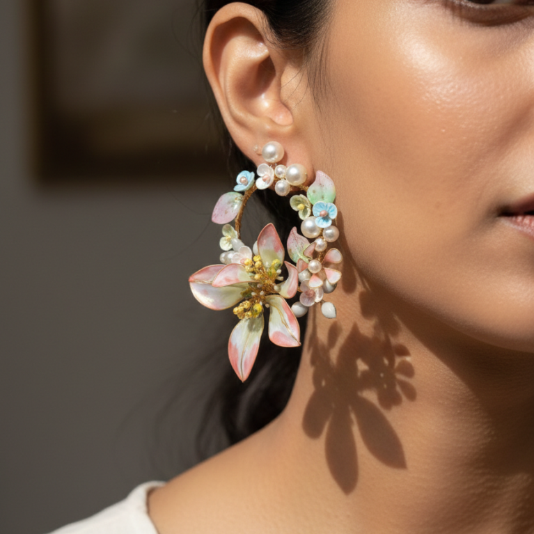 Salvara Multicolor Floral Pearl Hoop Earrings: Exquisite Bridal Drop Jewelry for Weddings